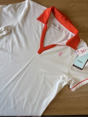 Lady Hagen Golf Polo Shirt White Tigerlily Pink Ribbon Breast Cancer Small BNWT